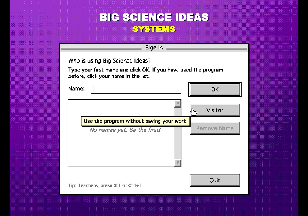 a purple windows 3.1 style sign in dialog for big science ideas: systems