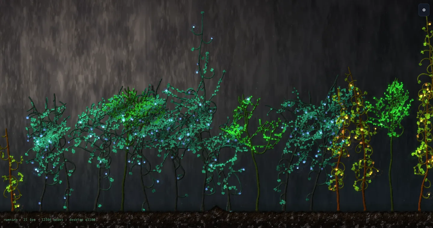a row of glowing teal and gold vines growing out of dark soil