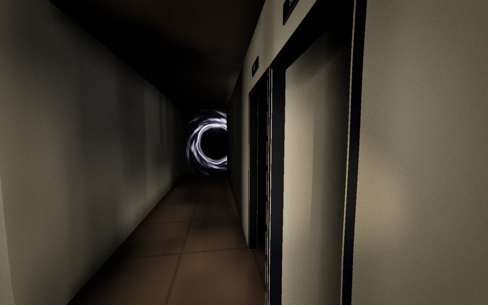 a dim apartment corridor lit by ceiling tubes, with a black hole ringed in swirling pale light waiting at the far end