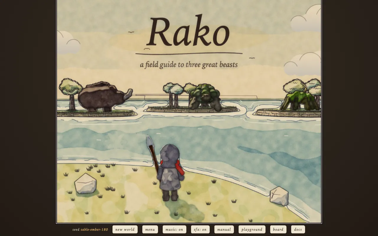 an ink and watercolour title screen: a cloaked figure on a beach looking out at three beasts on distant islands