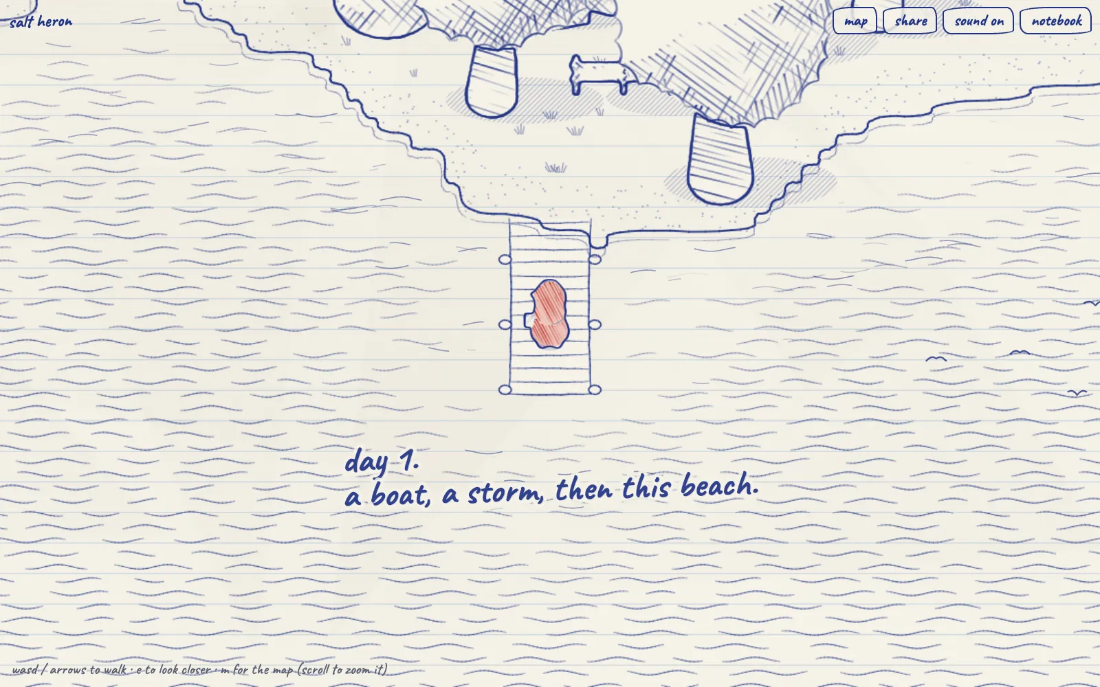 a blue ballpoint sketch of a beach and jetty on ruled paper, with a red-coated explorer and the handwritten note: day 1. a boat, a storm, then this beach.