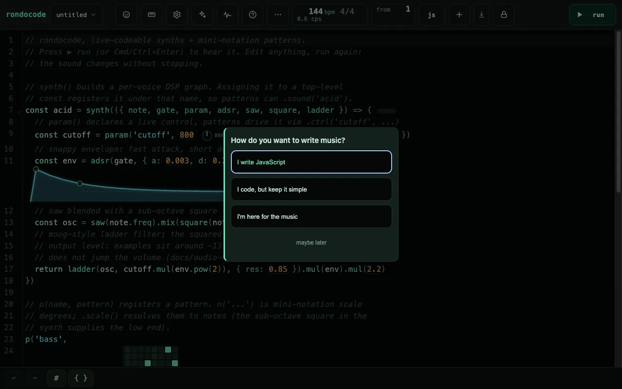 a code editor defining an acid synth, with an envelope curve drawn inline