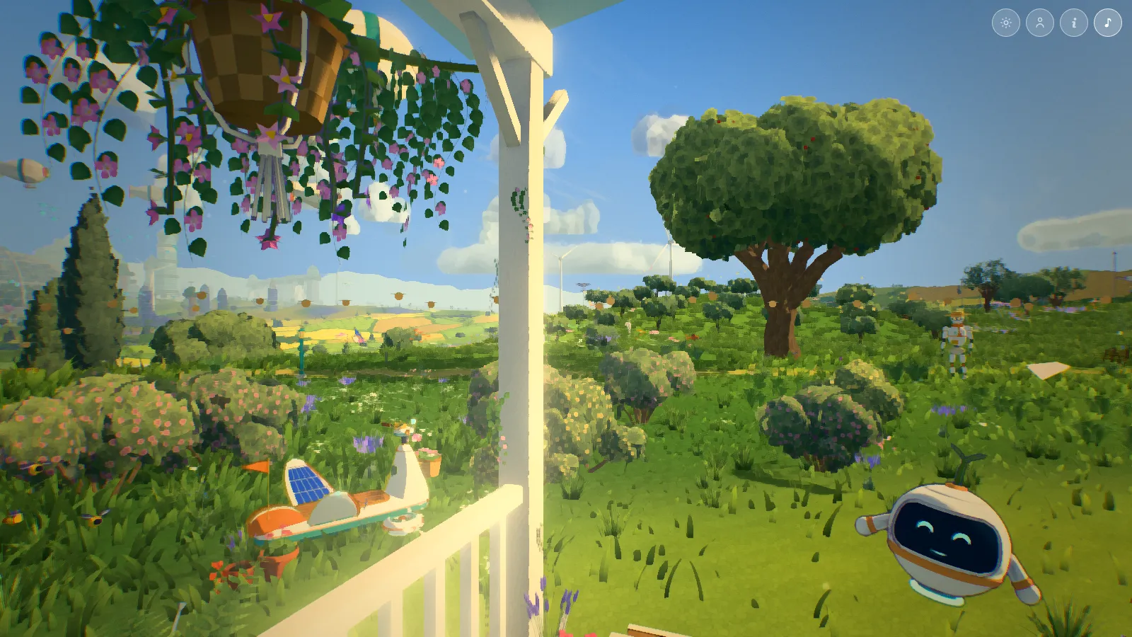 a sunlit porch overlooking a green valley, with a small round robot waving and a solar glider parked in the grass