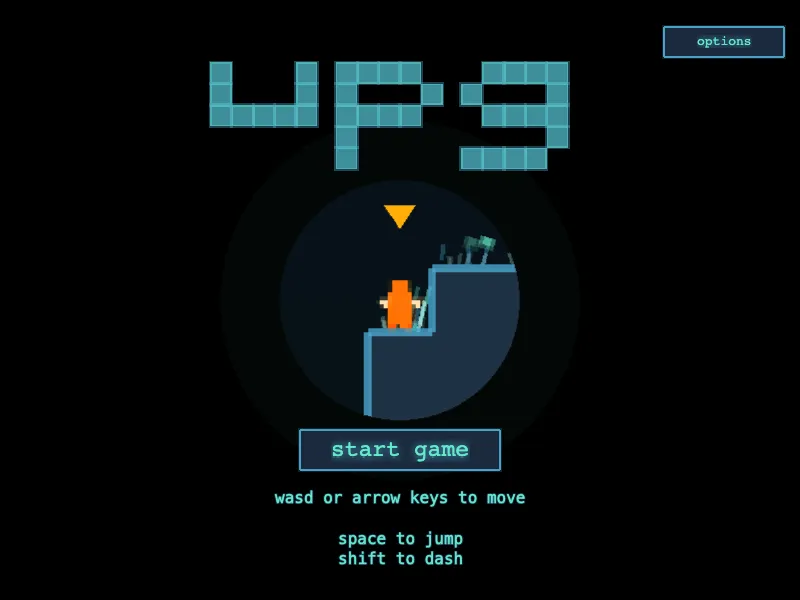 a teal pixel title screen with a small orange character on a ledge